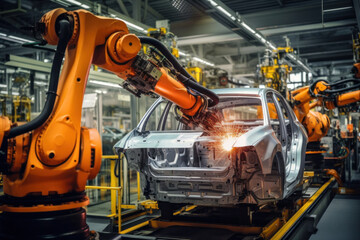 Assembly line for the production of modern cars. Robots weld a car body on a conveyor belt. Automated assembly. Modern technologies.