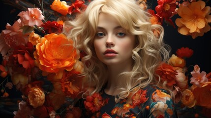 A woman with blonde hair and blue eyes surrounded by flowers