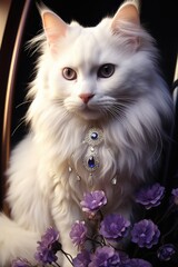 A white cat sitting on top of a chair next to purple flowers