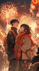 Anime couple enjoying the fireworks through the Christmas night, enjoying New Year's fireworks. Vertical