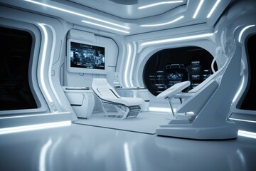 Futuristic stage with advanced technology and interior, presenting a modern sci-fi concept. Generative AI