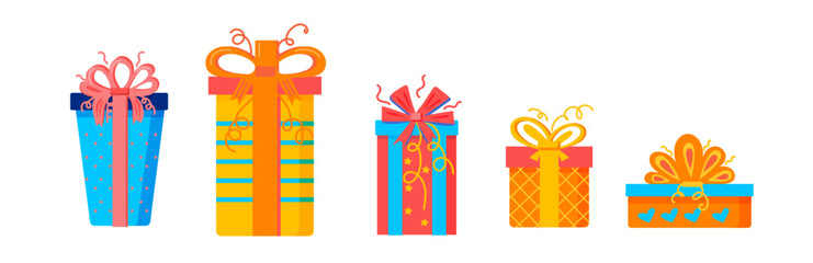 Gift boxes collection for birthday or other celebration present, set of different boxes. Vector illustration in flat style