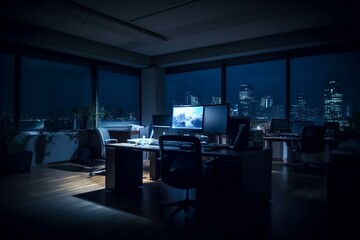Empty night office illumined by computer screen, symbolizing late work and overtime with laptop display. Generative AI