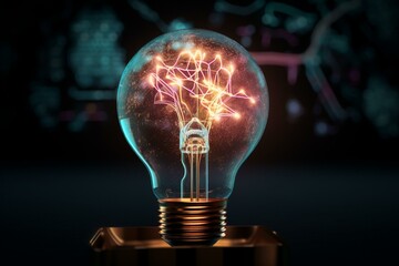 An artistic rendition of a light bulb featuring a brain as its filament, set against a backdrop of abstract technology elements. A 3D illustration. Generative AI