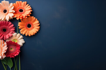 minimalistic blue background with gerberas, top view with empty copy space