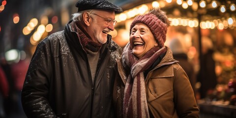 An aged couple wanders through the Christmas market, delighting in the holiday spirit