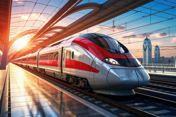 Fototapeta premium Red and white modern high-speed train on a railway platform. Boarding platform at the railway station. High-speed transport.