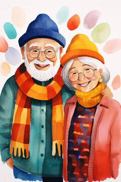 elderly couple grandma and grandpa in cozy christmas sweaters and hats in festive family home setting for greeting card cover art in textured pencil hand drawn color block sketch illustration style
