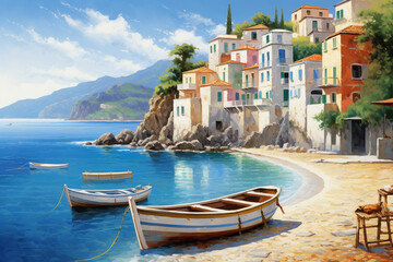 Oil Painting of Coastal Mediterranean Village: Bucolic Seascape with Fishing Boats"