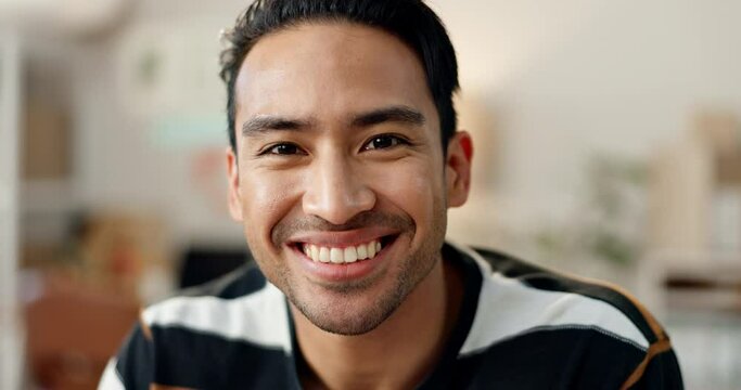 Happy asian man, face and smile of creative in small business, career ambition or logistics at office. Closeup portrait of male person or employee in happiness, satisfaction or startup at workplace