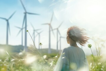 Solarpunk Aesthetics - Woman gazing at a horizon of windmills and biodomes - AI Generated - obrazy, fototapety, plakaty