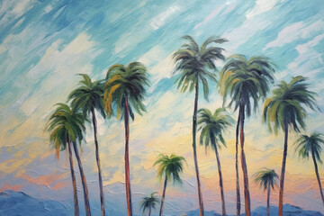 Fototapeta na wymiar Whispering Palms: An Original Oil Painting on Canvas, Capturing the Grace of Palm Trees in the Wind