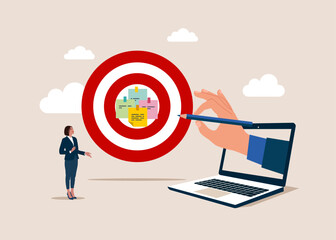 Goal setting, purposeful objective. Write down goal on notes and put on big dartboard target. Flat vector illustration.  - obrazy, fototapety, plakaty