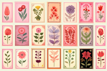 set of vintage/retro stamp sticker for postcard/letter/envelope with flower illustrations tulips autumn fall sunflower for scrapbook notes journal	