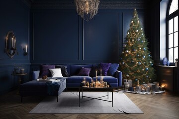 Contemporary navy blue living room adorned with festive Christmas tree - computer-generated image. Generative AI