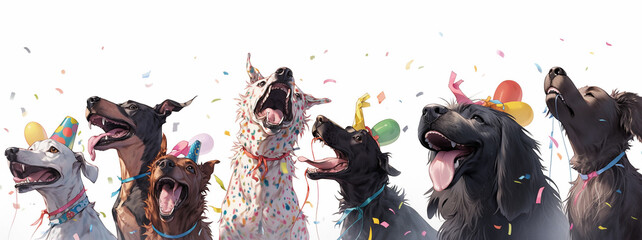 Funny dogs celebrating a birthday on a background of confetti, balloons in the background. AI Generated