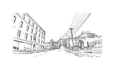 Building view with landmark of Sherbrooke is the city in Canada. Hand drawn sketch illustration in vector.