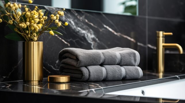 Black towels on marble desk and blurred modern black and gold bathroom