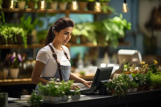 Young Chilean woman working at the cash register of a flower and plant store, florist or green garden shop.
