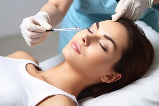 Young Caucasian woman in a beauty clinic undergoing a Botox or hyaluronic acid infiltration treatment by a female doctor.