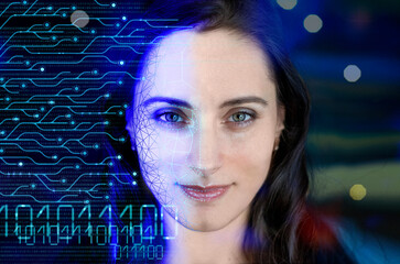 Portrait of a woman symbolically turning into virtual human, virtual character, or digital clone,...