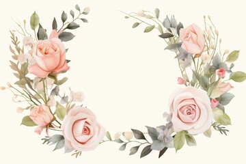 Soft vintage floral wreath with transparent roses, bells, buds, leaves, and branches in pastel colors, perfect for weddings, stationery prints, and frames. Generative AI - obrazy, fototapety, plakaty