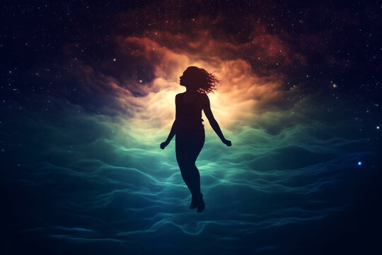 States of mind, meditation concept. Abstract woman body dark silhouette floating in dark sky, space or water. Dreamlike atmosphere. Surreal background with copy space