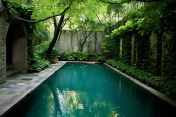 Outdoor pool surrounded by a wall and lush garden. Generative AI