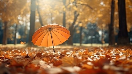 Beautiful autumn background landscape. Carpet of fallen orange autumn leaves in park and orange umbrella. Leaves fly in wind in sunlight. Concept of Golden autumn