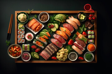 Sumptuous sushi table and raw seafood with a great assortment of ingredients, top  view