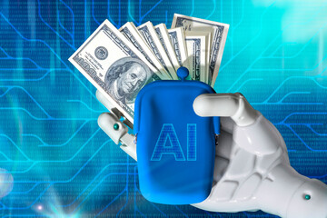 AI and finance concept. Artificial intelligence, robot arm holding wallet with of bills 100 US dollars. Making money in financial markets with new technology generative AI Machine Learning tools