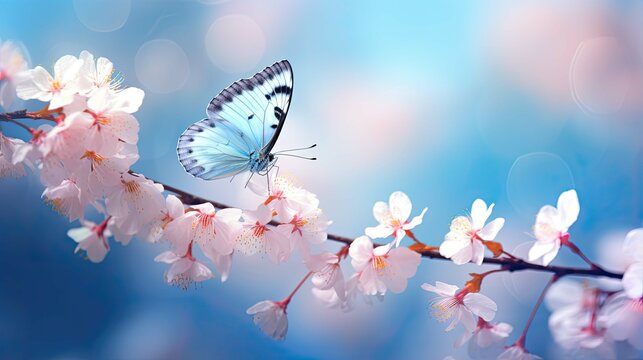 Beautiful branch of blossoming cherry and blue butterfly in spring at Sunrise morning on blue background, macro. Amazing elegant artistic image nature in spring, sakura flower and butterfly art