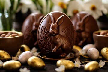 Chocolate Easter eggs decorated with a young bunny. Generative AI