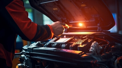 mechanic with car battery at the service station