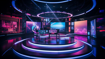 digital television broadcast studio with blue lights and a tv show - obrazy, fototapety, plakaty