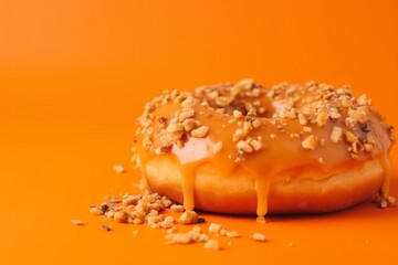 Delicious doughnut with caramel sprinkles on orange background. Generative AI