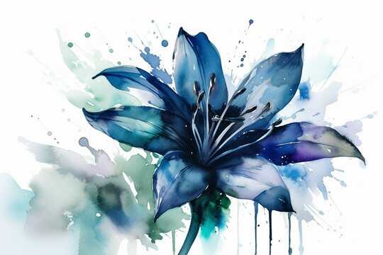 Stunning watercolor depicting a vibrant blue lily in high definition. Aesthetically pleasing wallpaper with a serene mood. Generative AI
