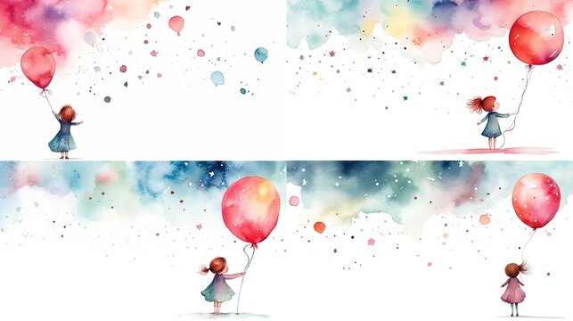 watercolor style illustration of cute young girl with her big red balloon, collection set clipart, Generative Ai