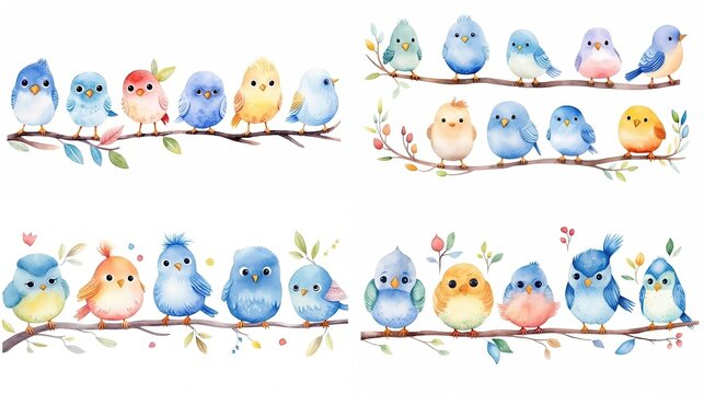 watercolor cartoon illustration, bird family perch on tree branch isolated on white background, collection set, Generative Ai