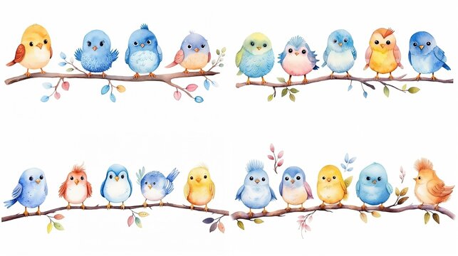 watercolor cartoon illustration, bird family perch on tree branch isolated on white background, collection set, Generative Ai