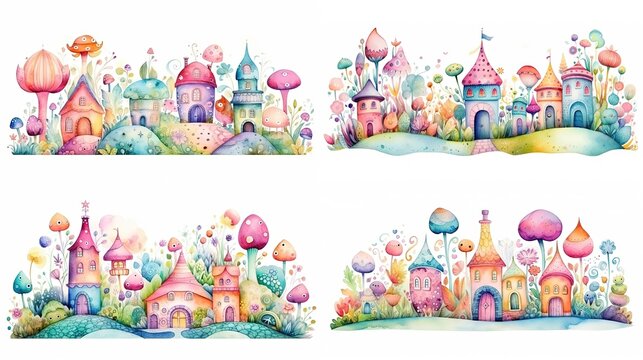 watercolor style cartoon illustration of fable fairytale castle isolated on white background, collection set, Generative Ai	
