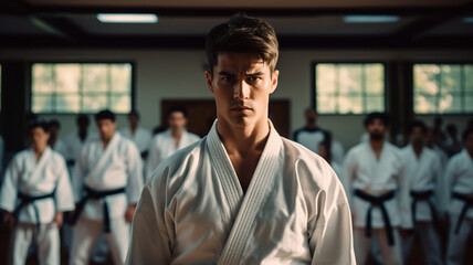 Obraz premium A young guy practices karate in the studio