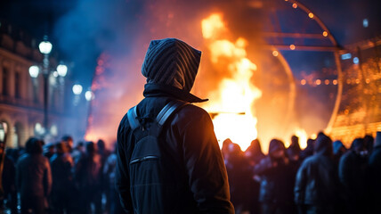 protest with rioting protesters in the city at night - obrazy, fototapety, plakaty