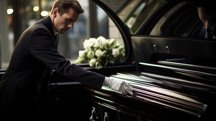 a man in a black suit takes a coffin out of a car
