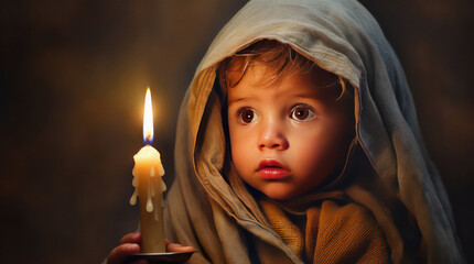 Child holding a candle, Innocence and Hope concept background, generative ai