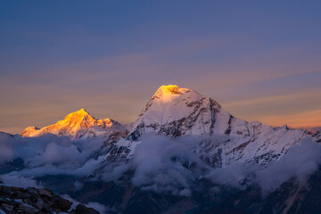 Makalu fifth highest mountain in the world at 8481m (left) and Chamlang 7319m  (right) beautiful sunset time shot from Mera peak High Camp. Beauty in Nature^ and traveling concept.