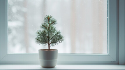 Little pine tree in a pot on a windowsill, with winter landscape seen through the window. Simple home decor, holiday mood.
