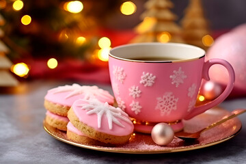 Fototapeta premium Tea with cookies for Christmas in pink tones