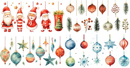 watercolor style cartoon illustration of hanging toys Christmas ornaments, isolated on white background, collection set, Generative Ai