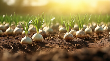 fresh organic garlic in the soil on the background.